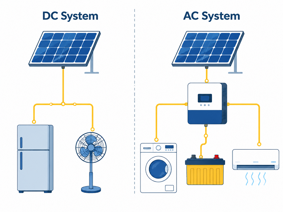Diagram comparing DC and AC solar home appliance systems, showing direct DC wiring versus inverter-based AC setup